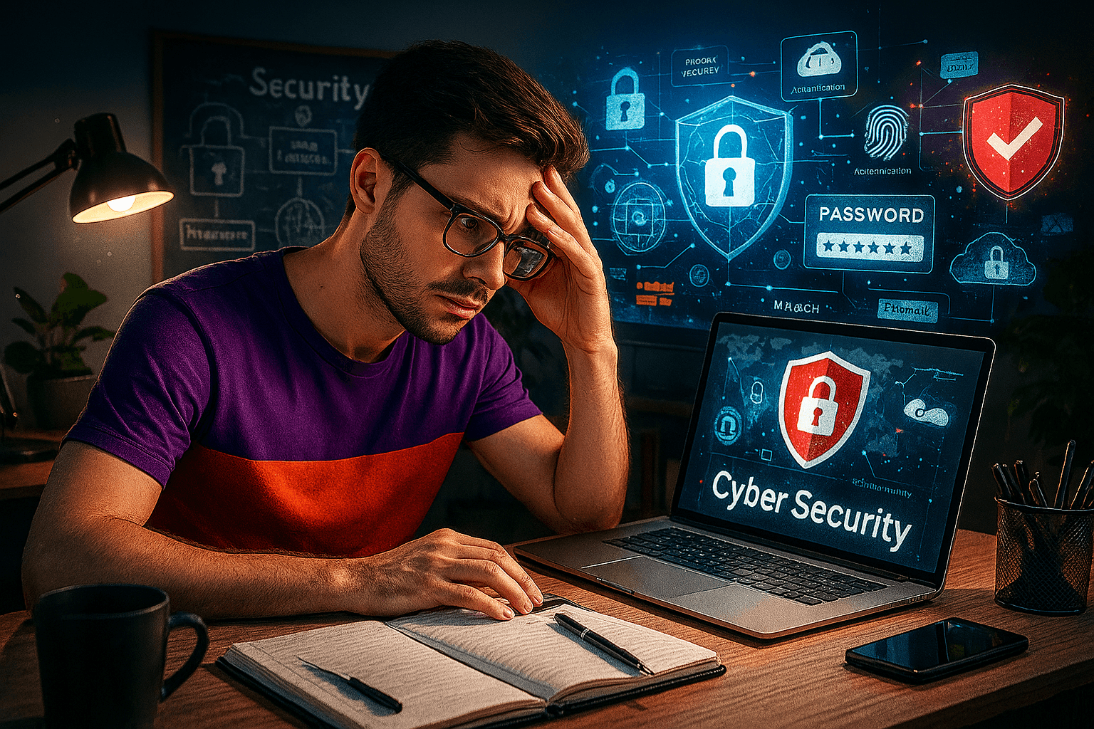 Man studying cybersecurity at desk with laptop showing cyber security screen, surrounded by digital security icons and password graphics.