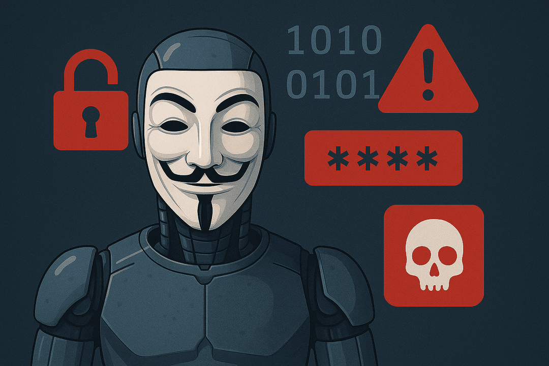 AI robot wearing a Guy Fawkes mask stands against a dark blue background with red warning icons, password asterisks, binary code, and an unlocked padlock, symbolizing AI password hack threats.