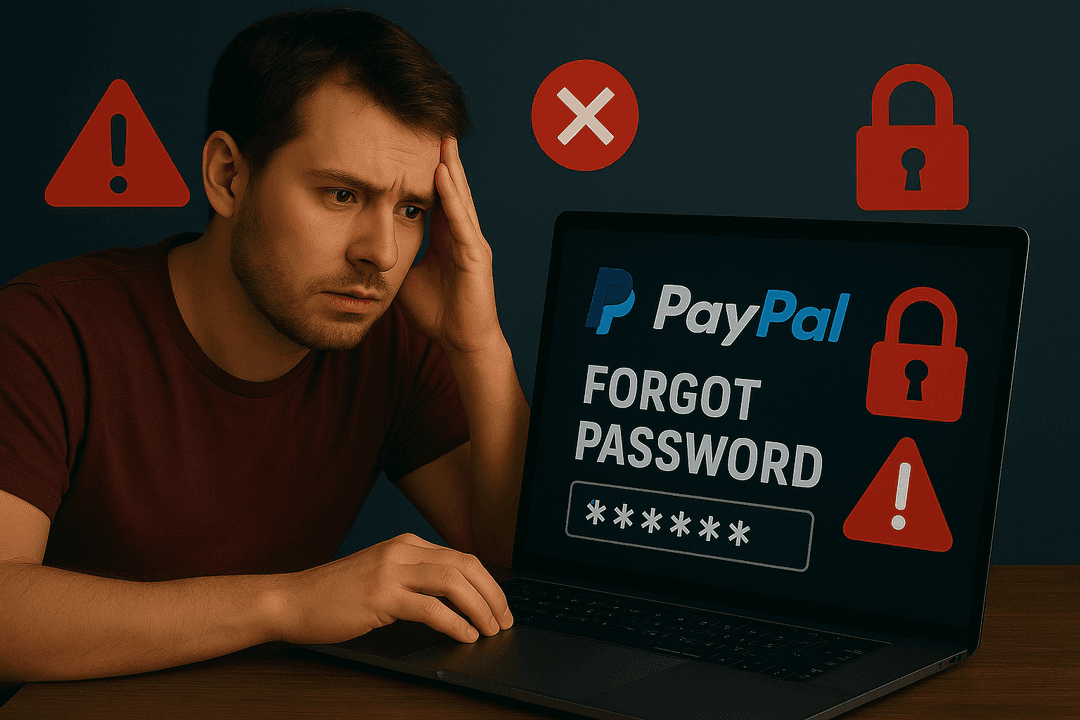 A smartphone displaying the PayPal login screen with a password reset prompt, symbolizing a user with a forgotten password.