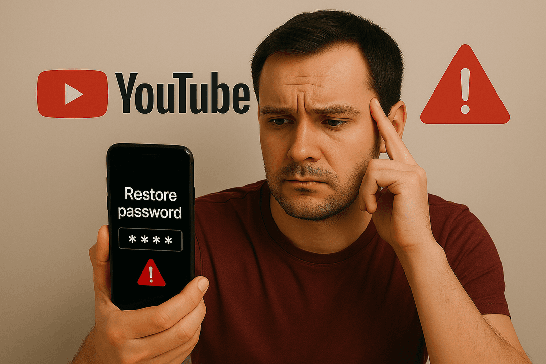 Man looking frustrated while trying password recovery on YouTube account, concept of forgotten YouTube password and account recovery.