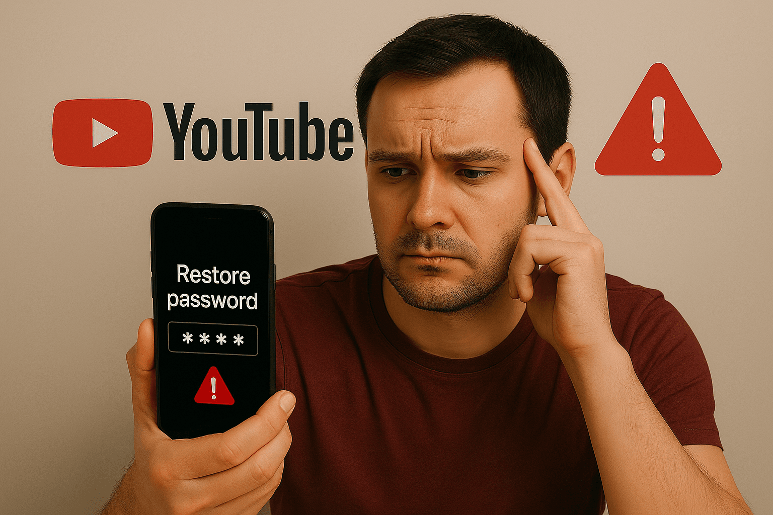 Man looking frustrated while trying password recovery on YouTube account, concept of forgotten YouTube password and account recovery.