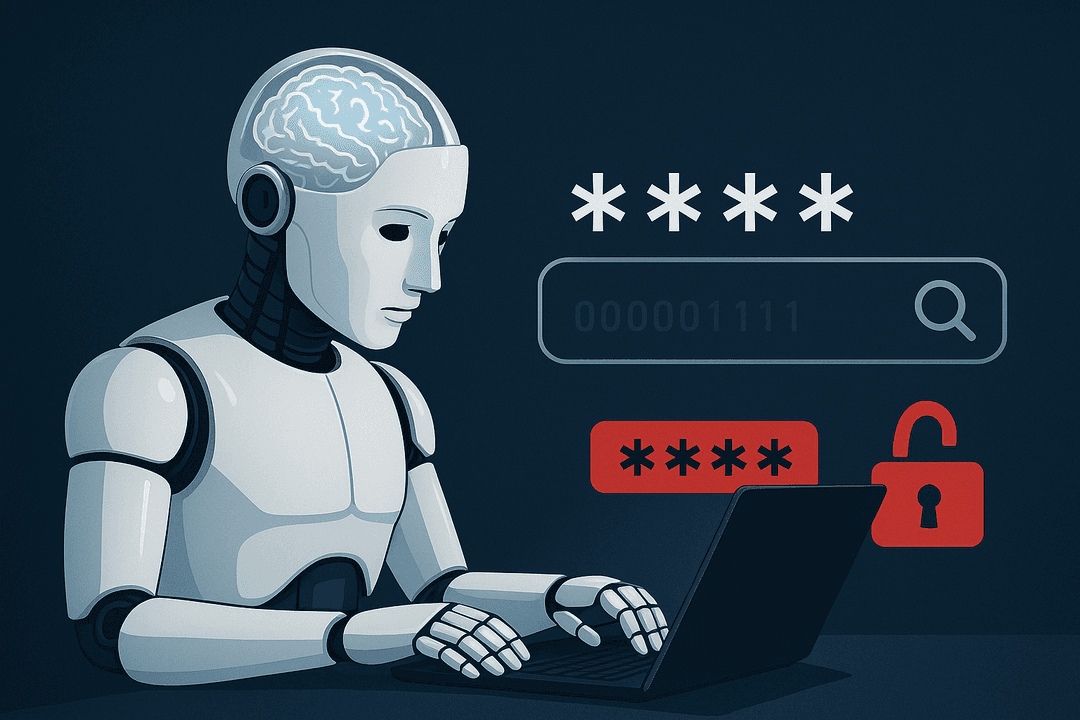 An illustration of a robot cracking a password lock, symbolizing AI password security threats.