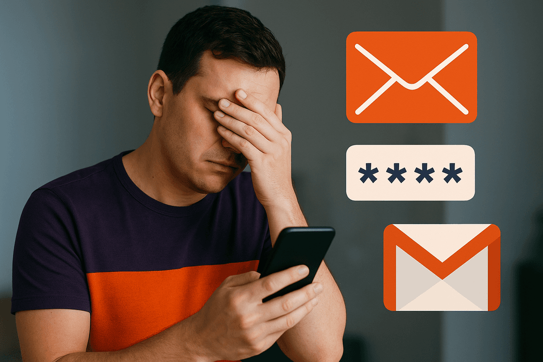 Frustrated user locked out of their Gmail account, staring at a login screen with a password error message.