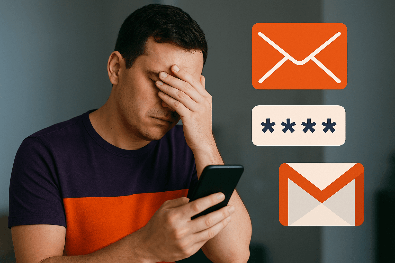 Frustrated user locked out of their Gmail account, staring at a login screen with a password error message.