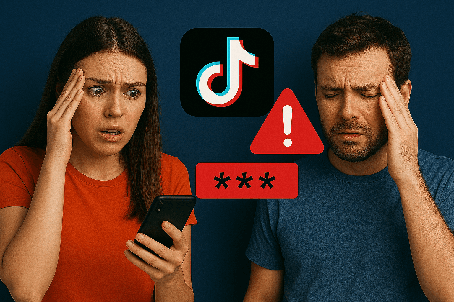 A worried woman and man hold their phones with stressed expressions, surrounded by a large TikTok logo, a red warning triangle, and a red password field with asterisks on a dark blue background.