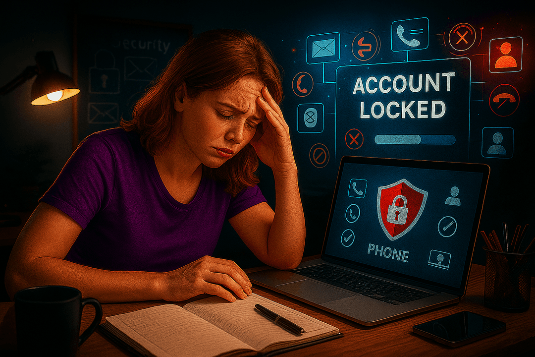 Illustration of a person trying to recover a locked account without email or phone access.
