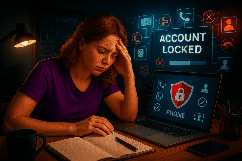 Illustration of a person trying to recover a locked account without email or phone access.