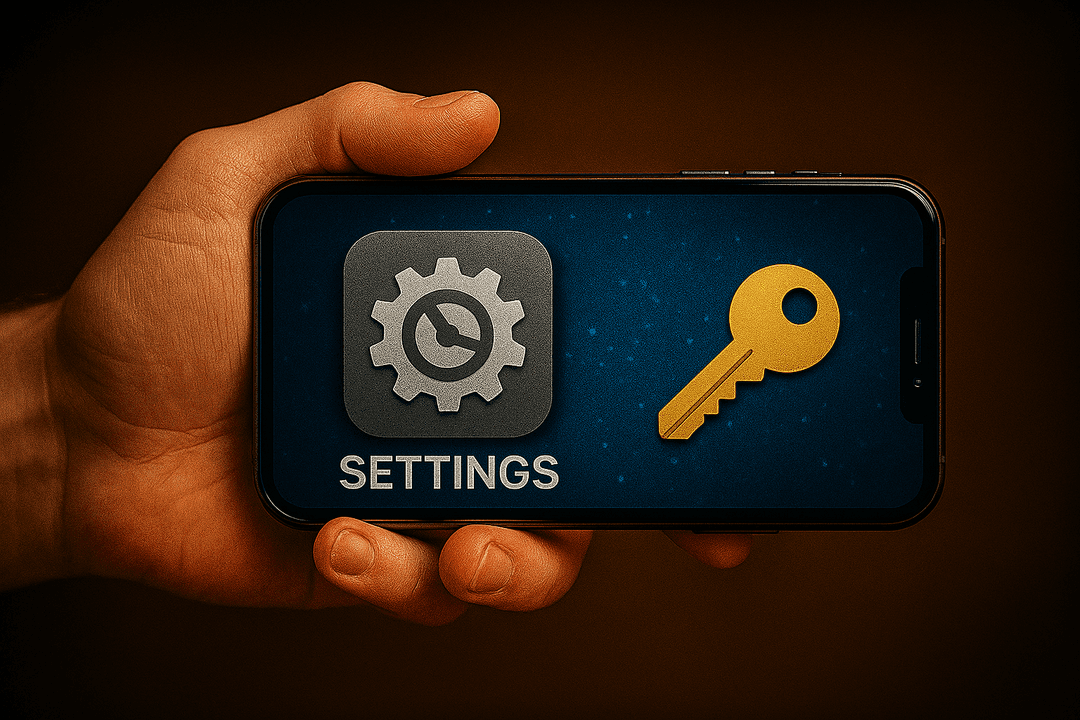 A person holding an iPhone displaying a settings icon and a key, symbolizing finding saved passwords on the device.