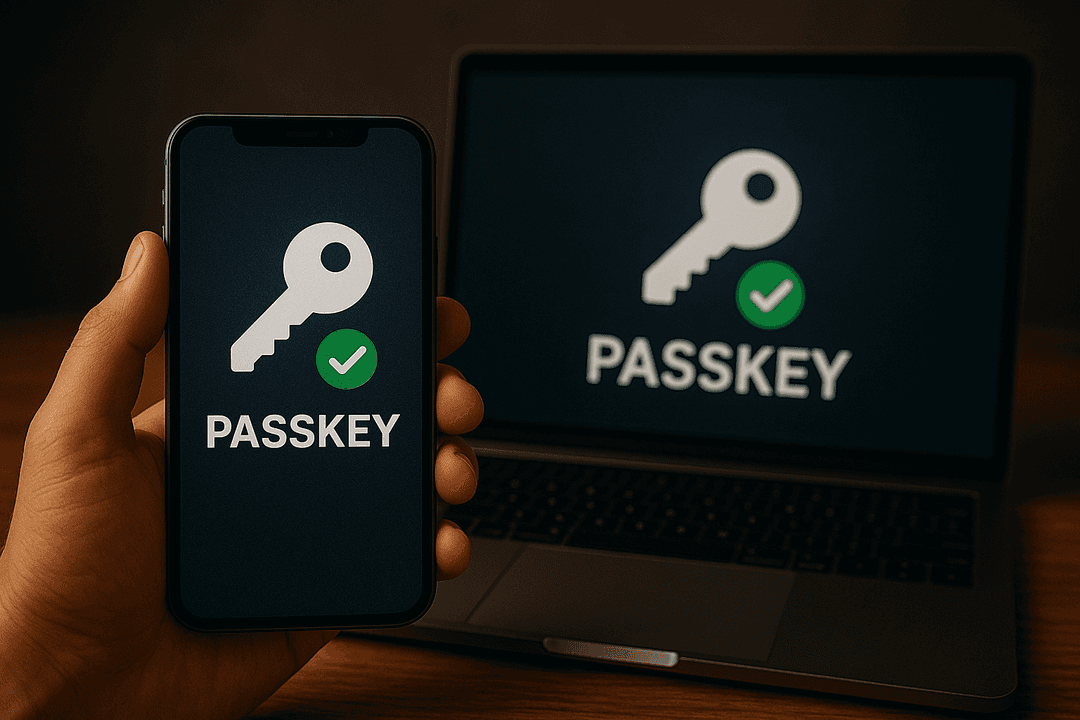 A smartphone displaying a passkey icon with a checkmark, next to a computer, symbolizing secure, multi-device login.