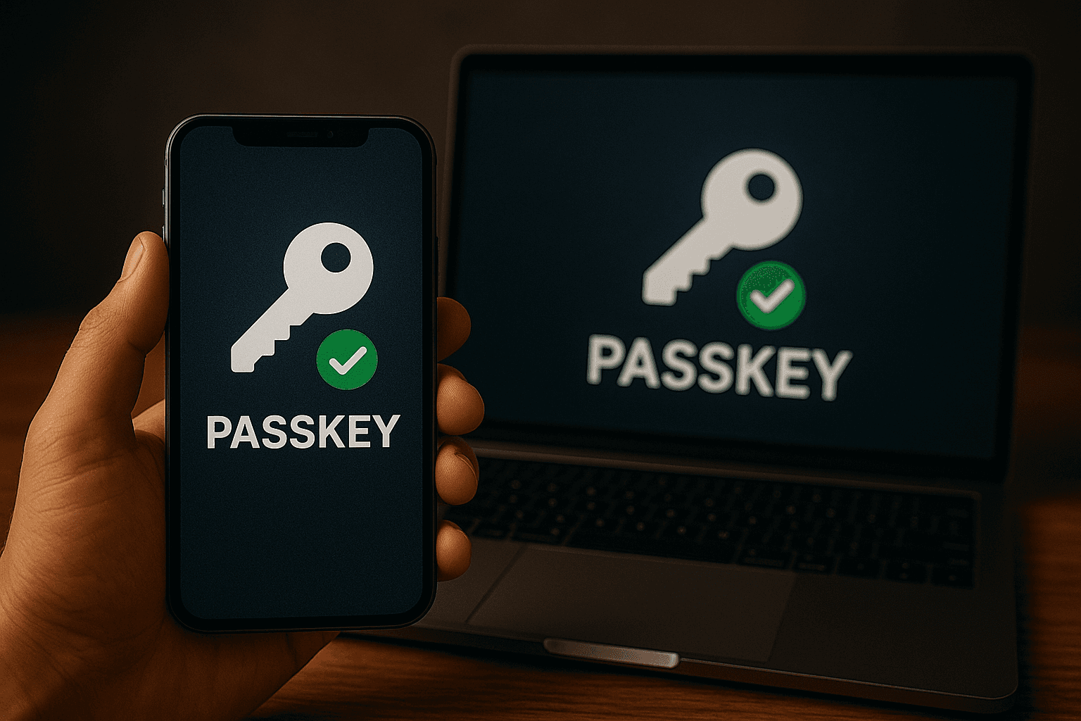 A smartphone displaying a passkey icon with a checkmark, next to a computer, symbolizing secure, multi-device login.
