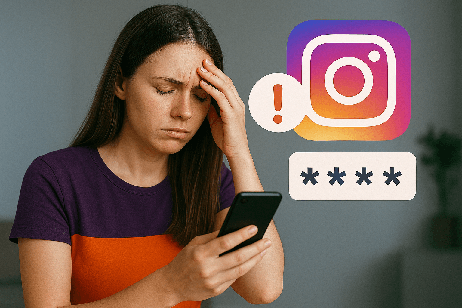 A frustrated person holding a phone with the Instagram password reset screen, looking concerned about their forgotten password.