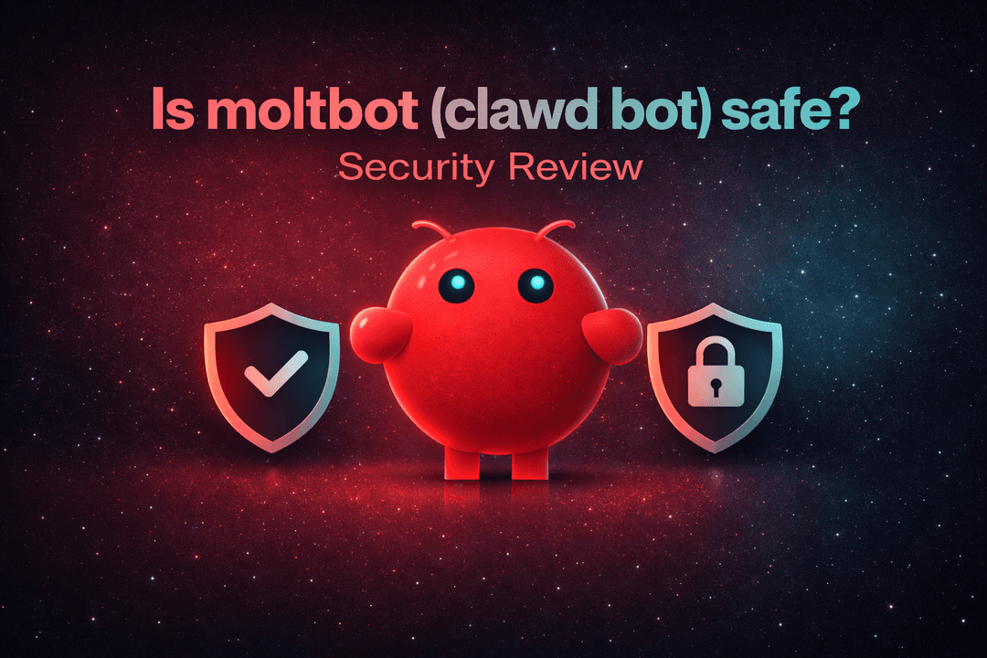 Technical illustration of the AI agent Moltbot (clawd bot) with security shields, and the title Is Moltbot (clawd bot) safe ? security review in top .
