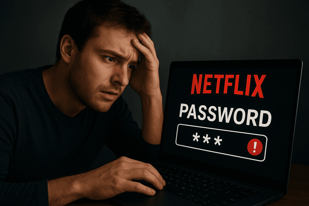 A worried young man sitting in front of a laptop, holding his head in frustration, with a large Netflix logo and red password recover symbols floating beside him to represent a lost Netflix password.