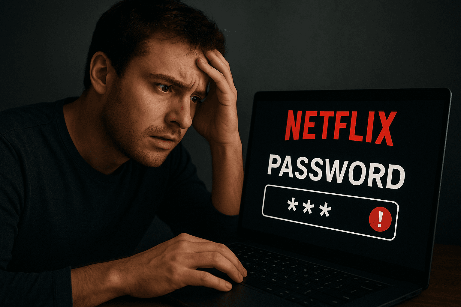 A worried young man sitting in front of a laptop, holding his head in frustration, with a large Netflix logo and red password recover symbols floating beside him to represent a lost Netflix password.