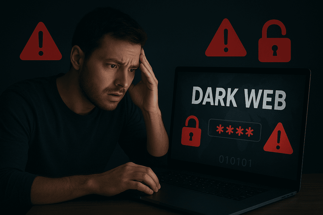 A worried man sits in a dark room with his laptop showing “DARK WEB,” red password asterisks, warning icons, and an unlocked padlock, symbolizing a password leak search on the deep web.