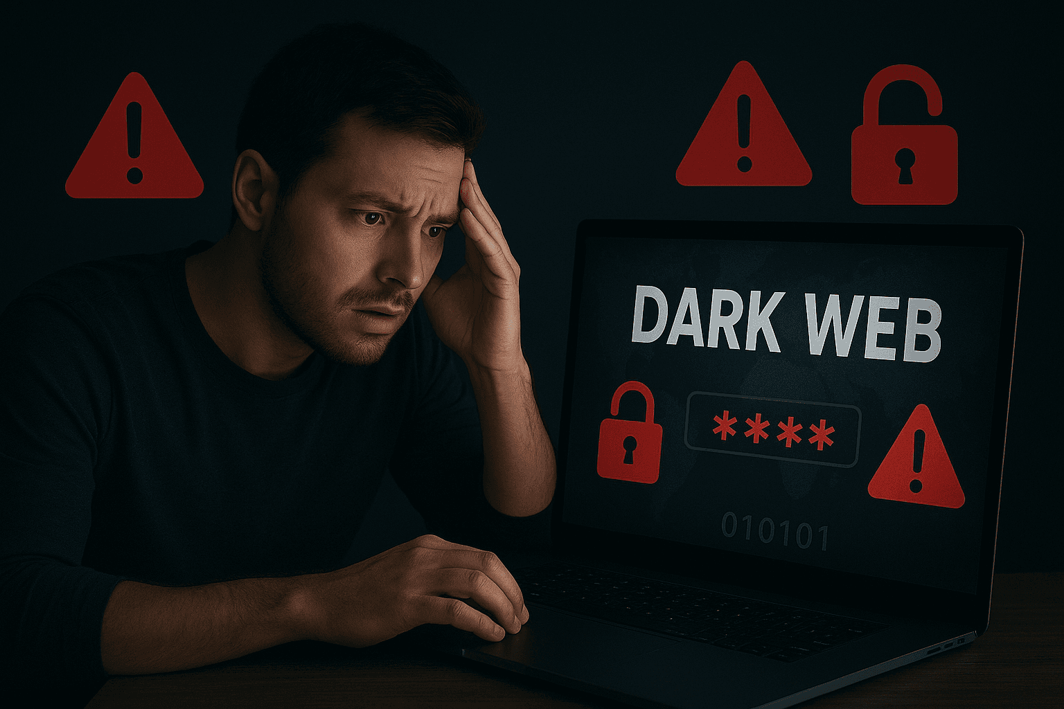 A worried man sits in a dark room with his laptop showing “DARK WEB,” red password asterisks, warning icons, and an unlocked padlock, symbolizing a password leak search on the deep web.