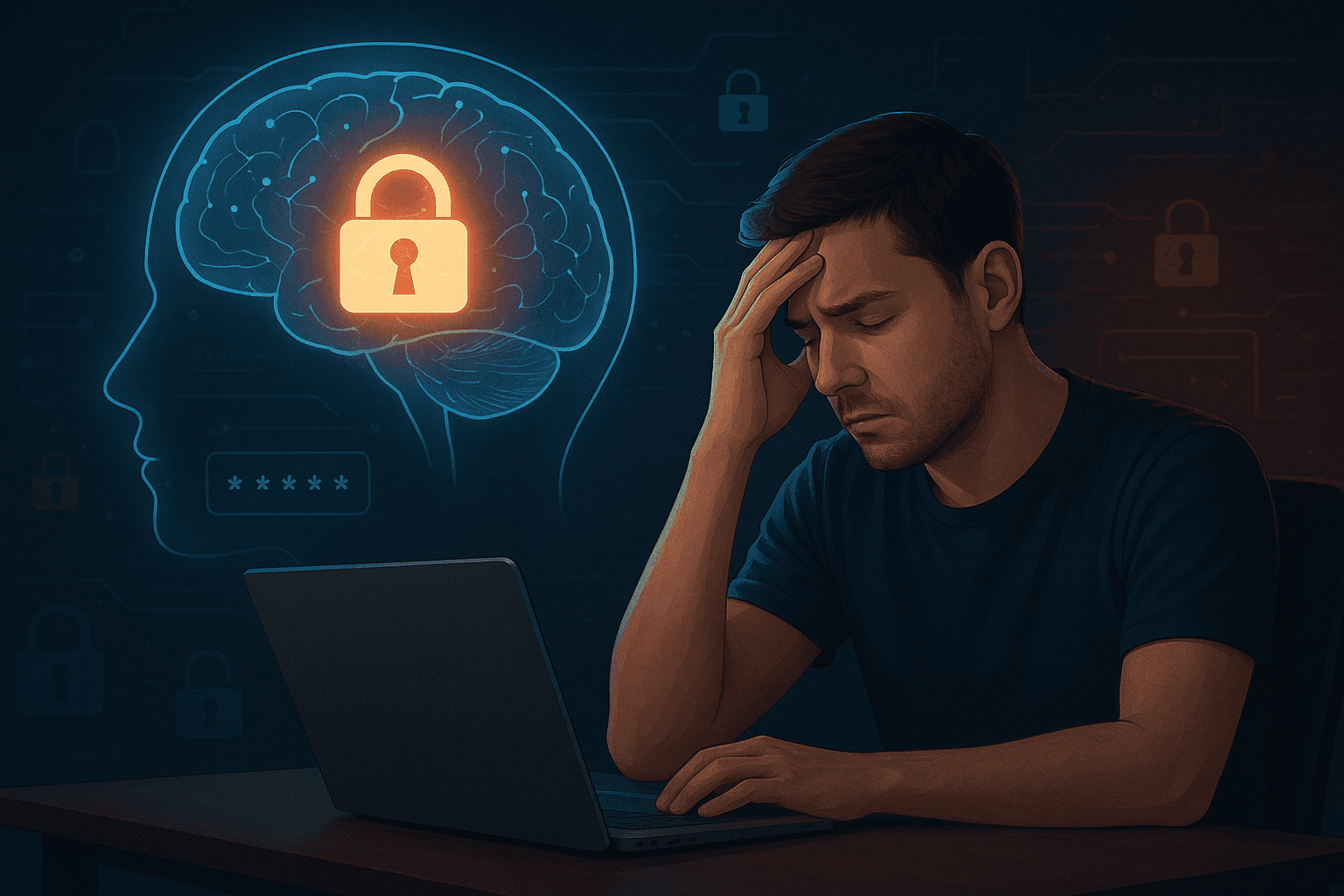 An illustration of a human head with a glowing, locked key inside, symbolizing a forgotten password hidden by the brain.