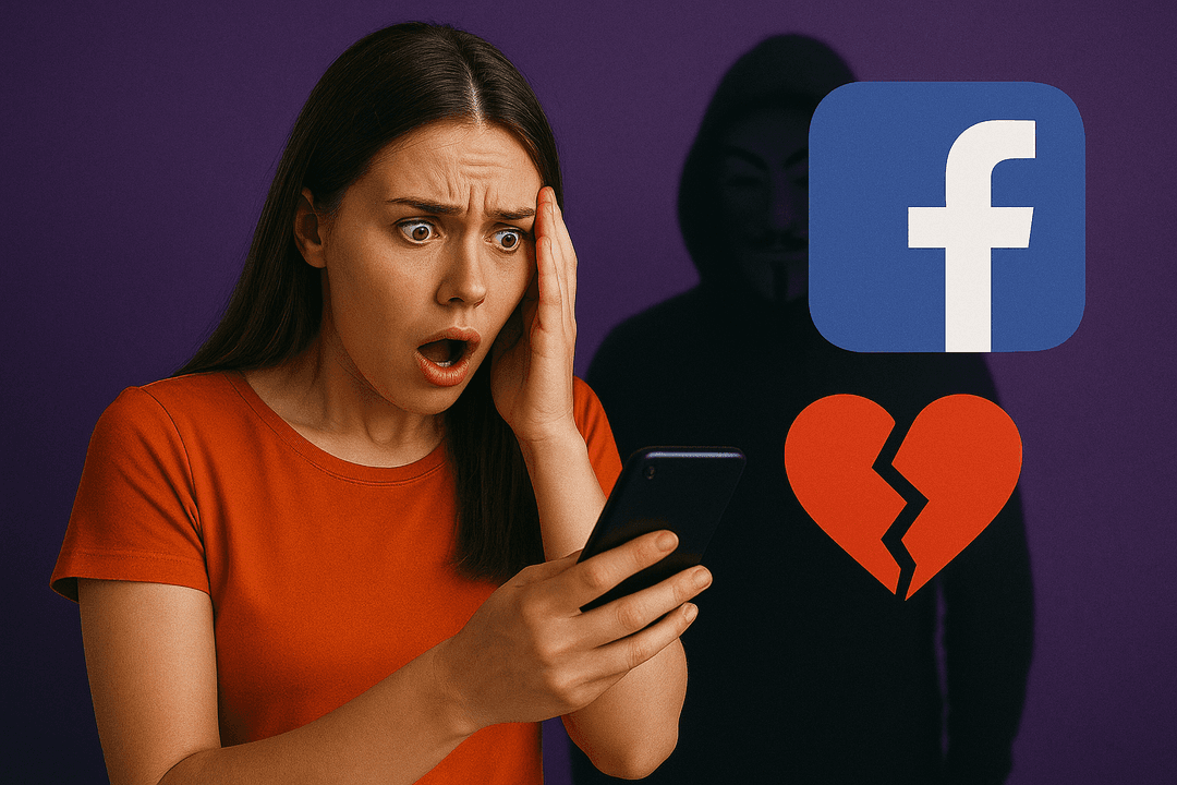 A person looking stressed at their phone, which displays a Facebook profile with a lock icon, symbolizing their account being compromised by an ex.