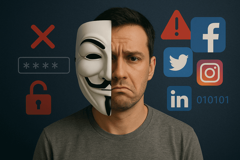 Half man, half Guy Fawkes mask with social media icons, warning signs, and password error symbols in the background.