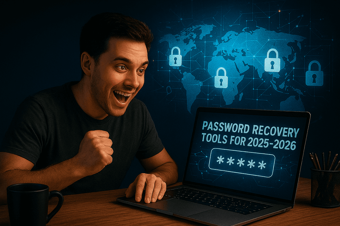 Excited man looking at a laptop screen displaying “Password Recovery Tools for 2025-2026” with digital padlock icons and a glowing world map in the background.
