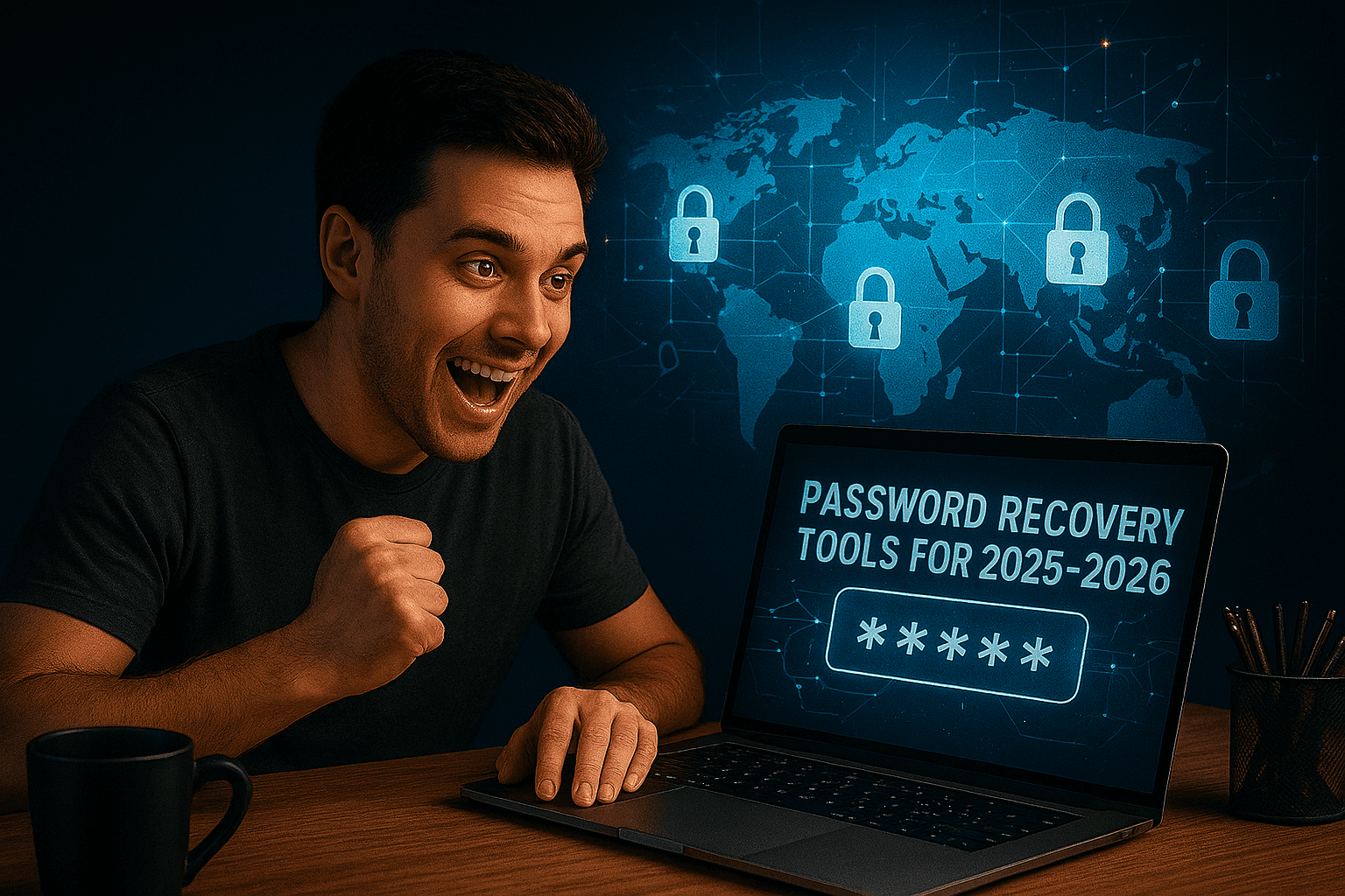 Excited man looking at a laptop screen displaying “Password Recovery Tools for 2025-2026” with digital padlock icons and a glowing world map in the background.